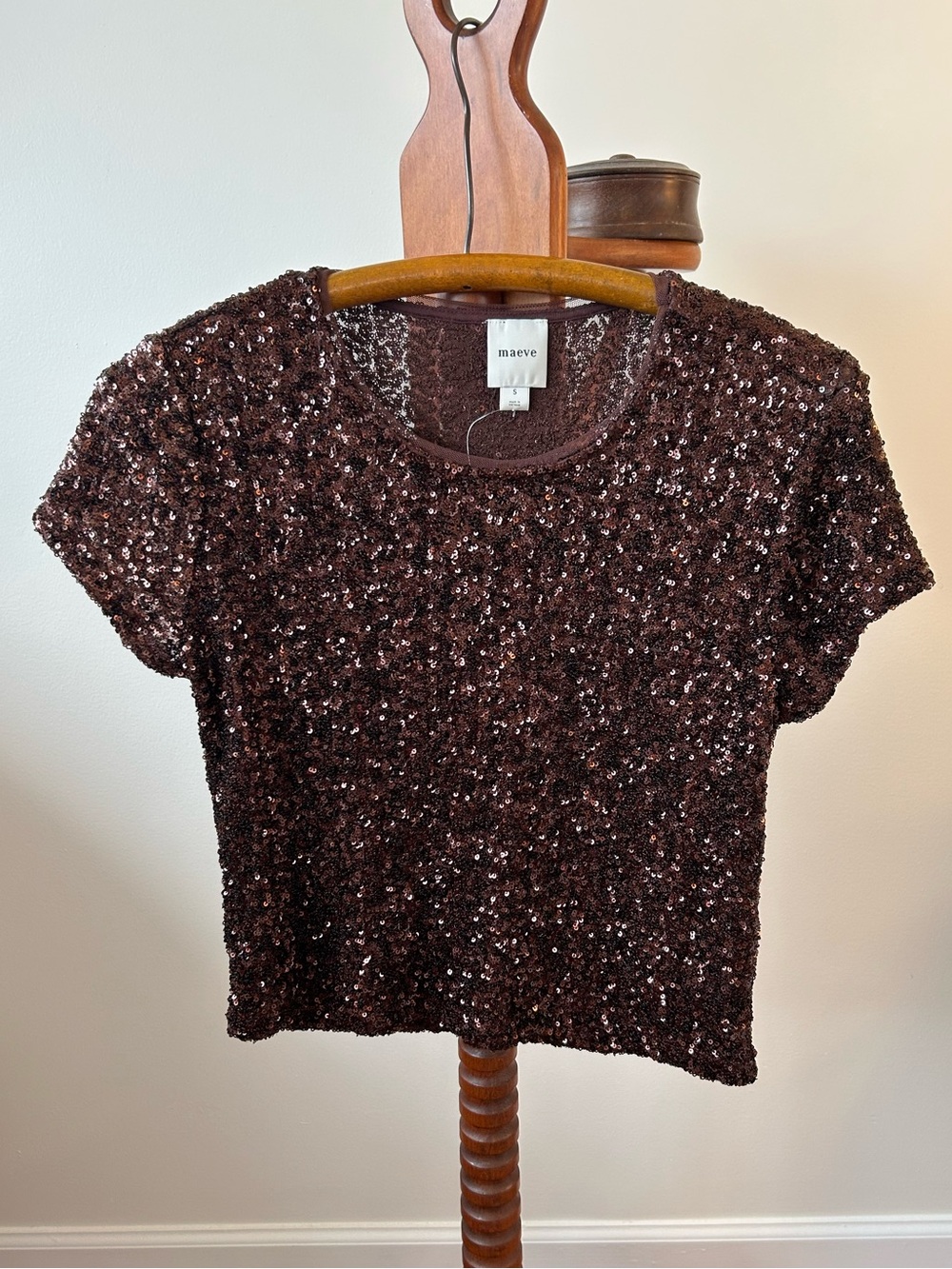 Maeve for Anthropologie Short-Sleeve Sequin Top — Deep Brown - Small